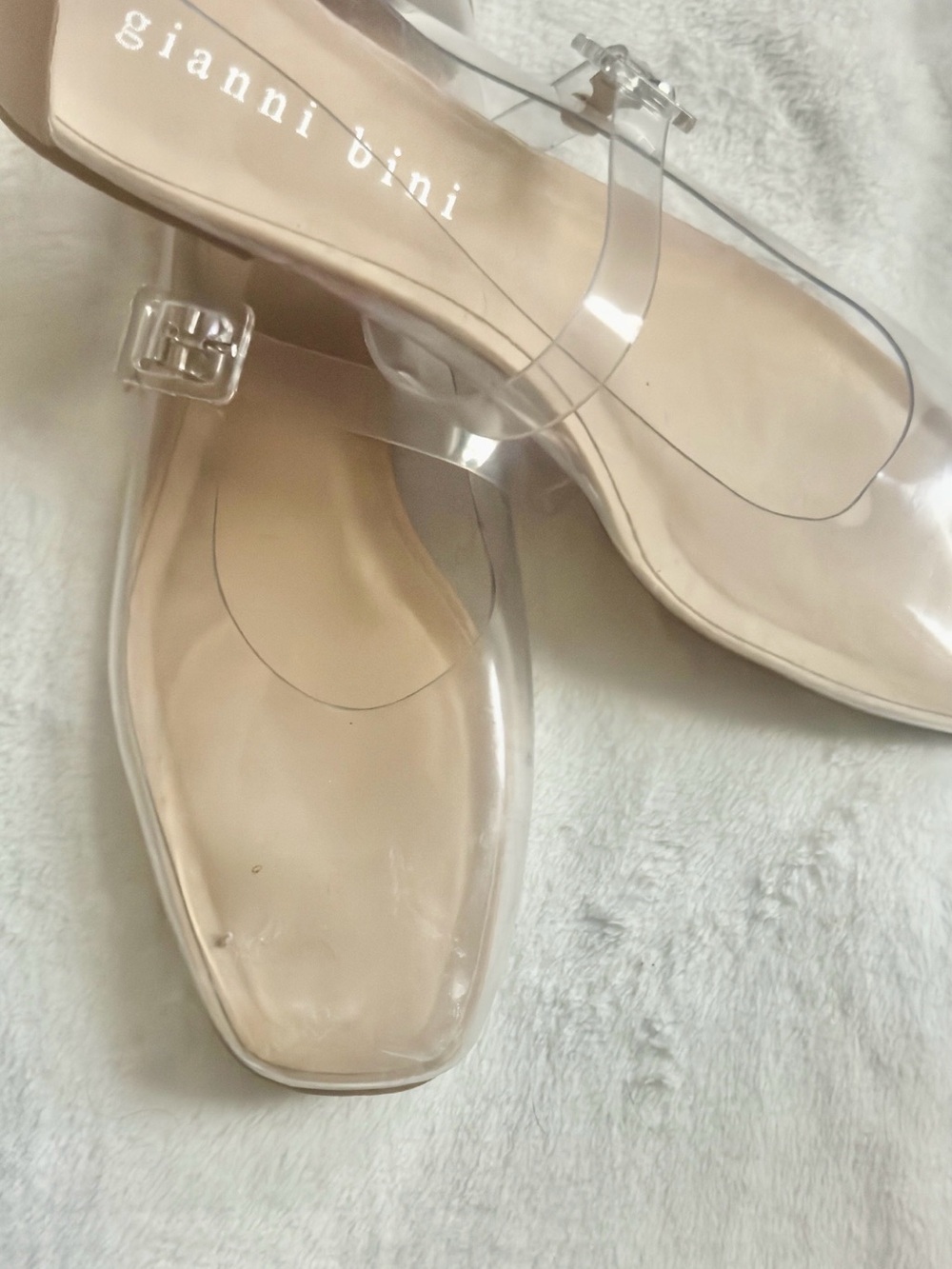 Gianni Bini Clear Strap Nude Block Heel Mules